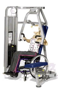 The more accessible chest press seat is a swing-away design to accommodate a person exercising from their wheelchair, leg and arm support bars do not interfere with transfers, there is a visible instruction placard, labels and weight pin are visible on the weight stack, and yellow color contrast is used to easily identify pins and adjustment mechanisms.